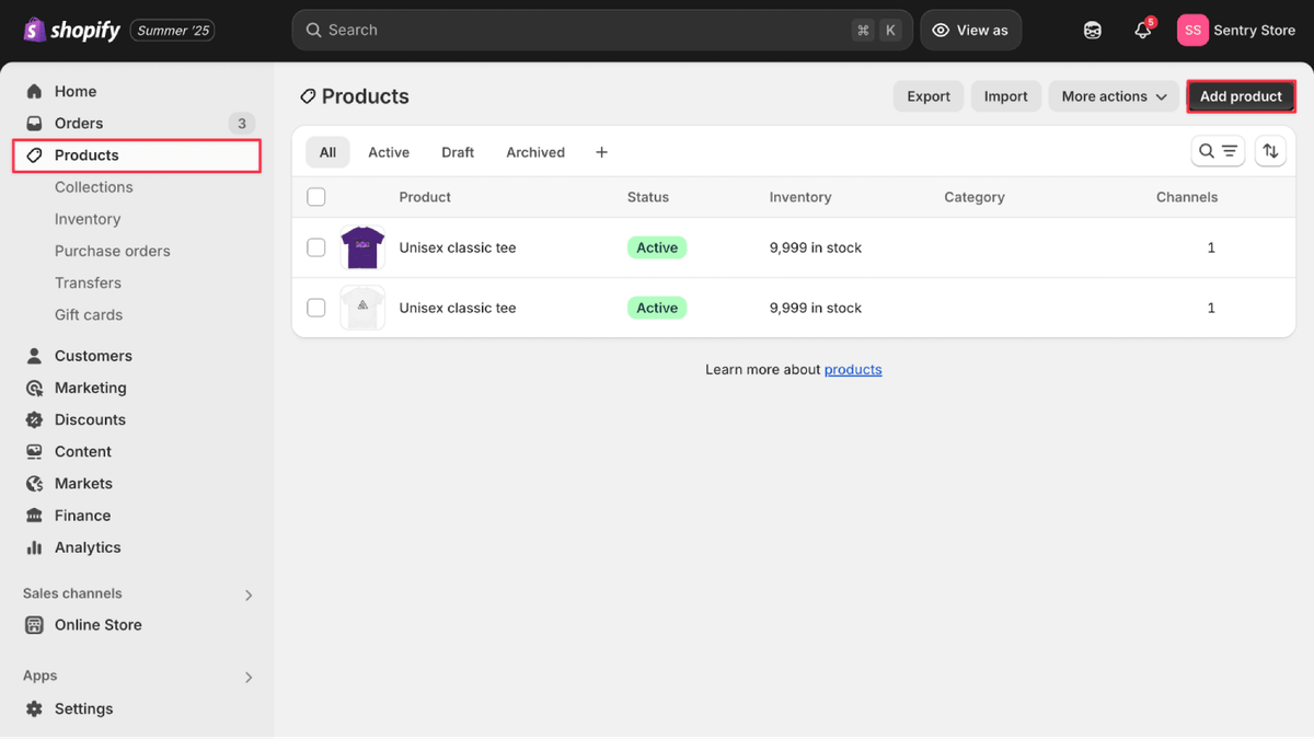 Screenshot of the Shopify admin Products page showing two demo products with active status and the “Add product” button highlighted for creating new items.